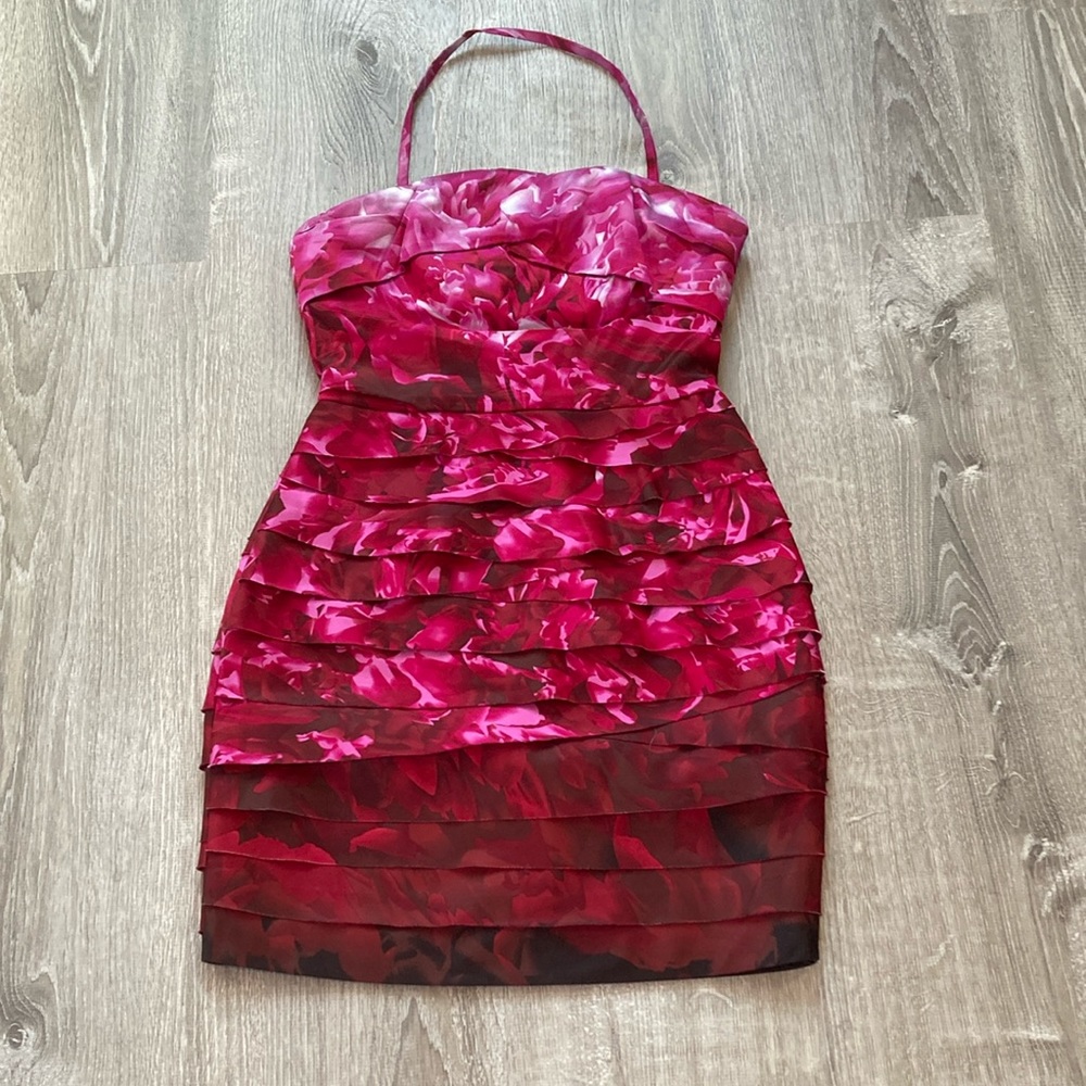 bebe layered roses mini party dress